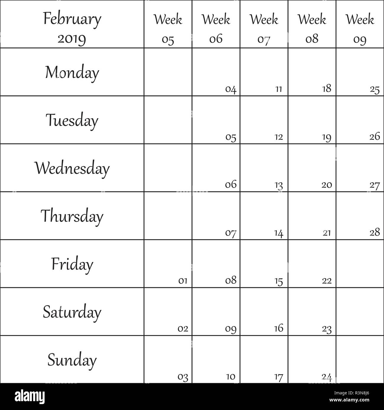 July 2019 Planner With Number For Each Weak Stock Vector Image Art Alamy