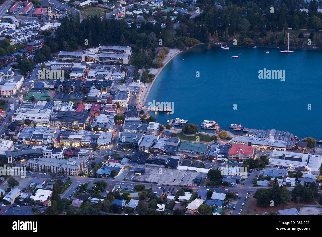 New Zealand, South Island, Otago, Queenstown, elevated town view from the Skyline Gondola deck, dusk Stock Photo