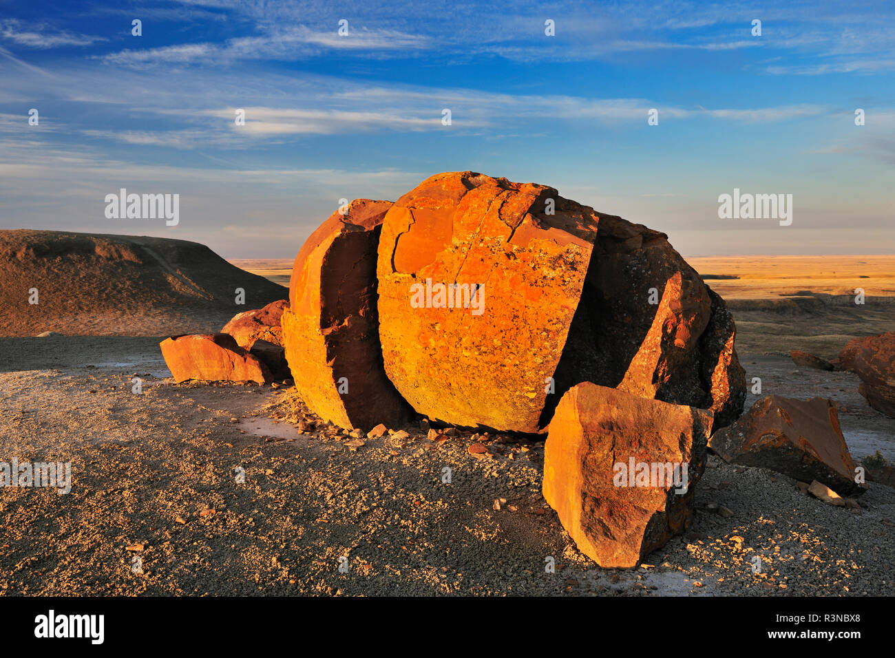 Canada, Alberta, Red Rock Coulee Natural Preserve. Sandstone concretions at sunrise. Stock Photo