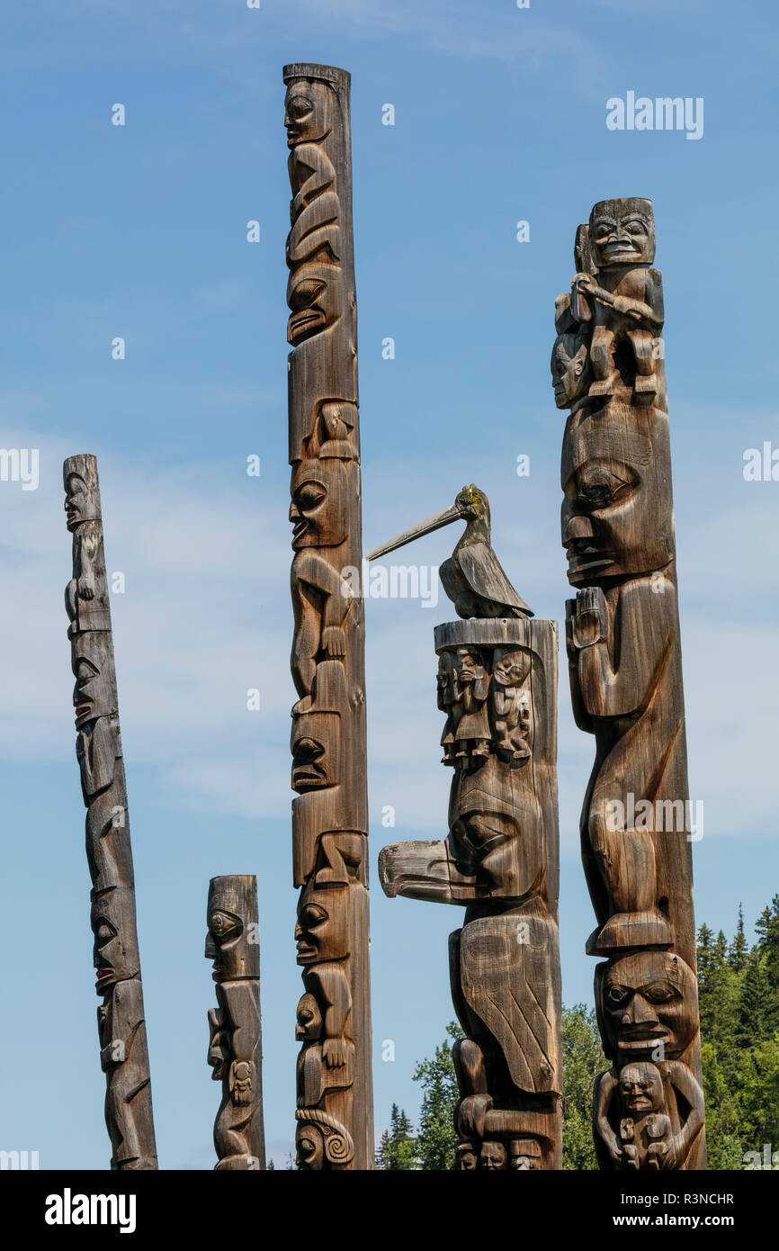 Canada, British Columbia, Gitanyow. Detail of Gitxsan tribe totem pole ...