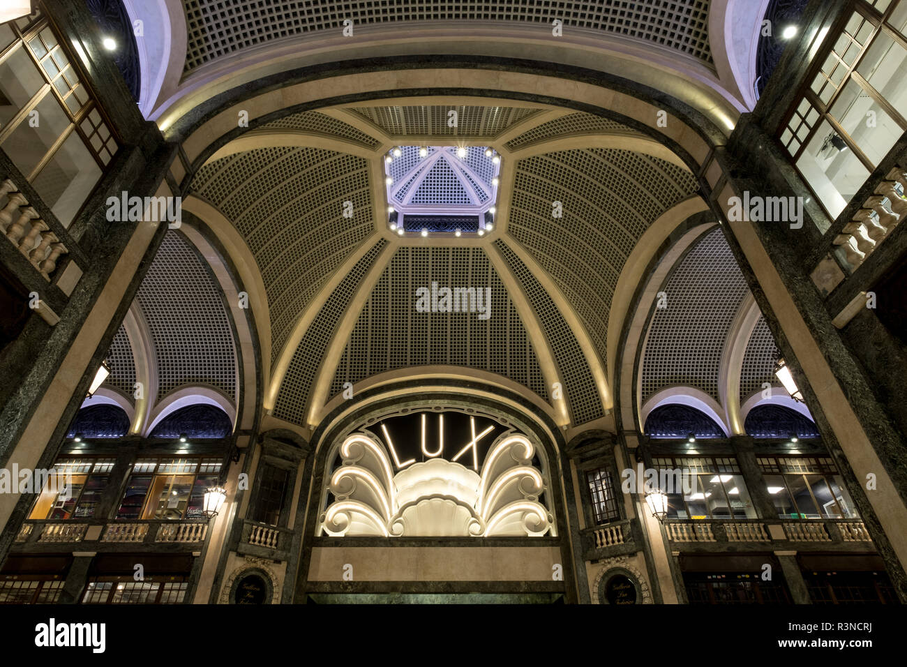 Turin Italy. Lux Cinema in art deco style, high-end shopping mall, Galleria San Federico. Stock Photo