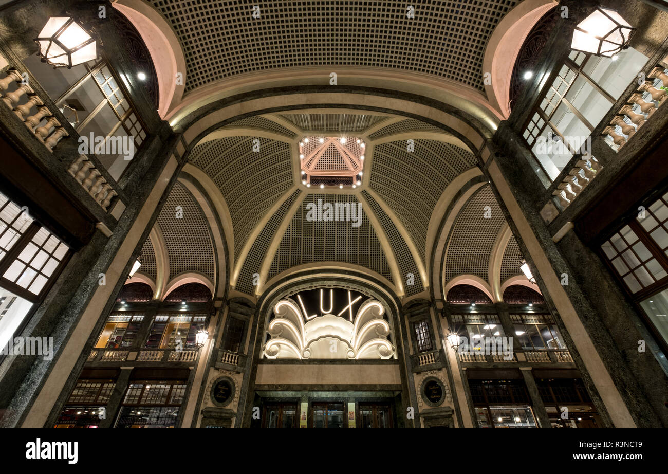 Turin Italy. Lux Cinema in art deco style, high-end shopping mall, Galleria San Federico. Stock Photo