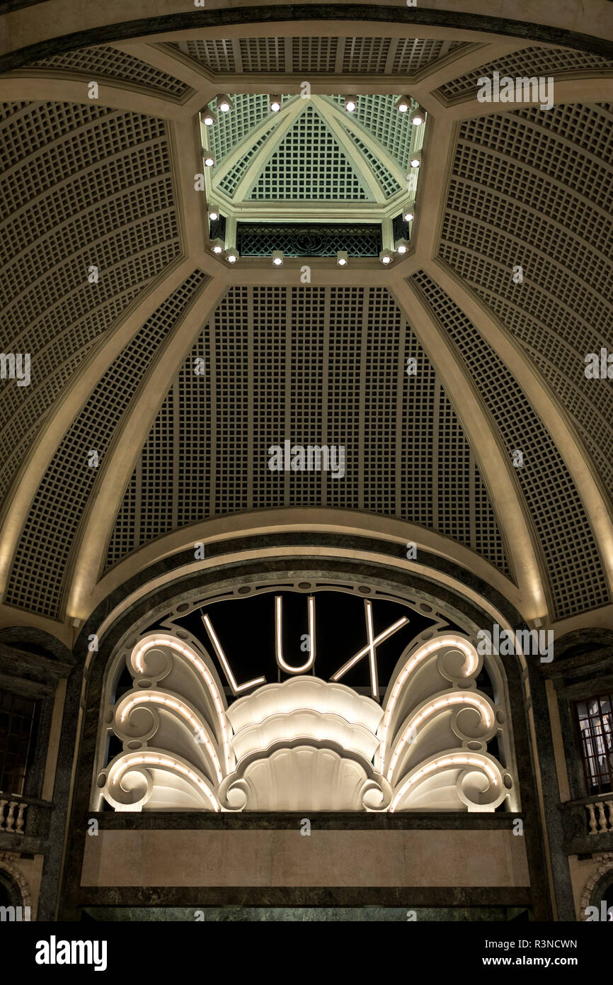 Turin Italy. Lux Cinema in art deco style, high-end shopping mall, Galleria San Federico. Stock Photo