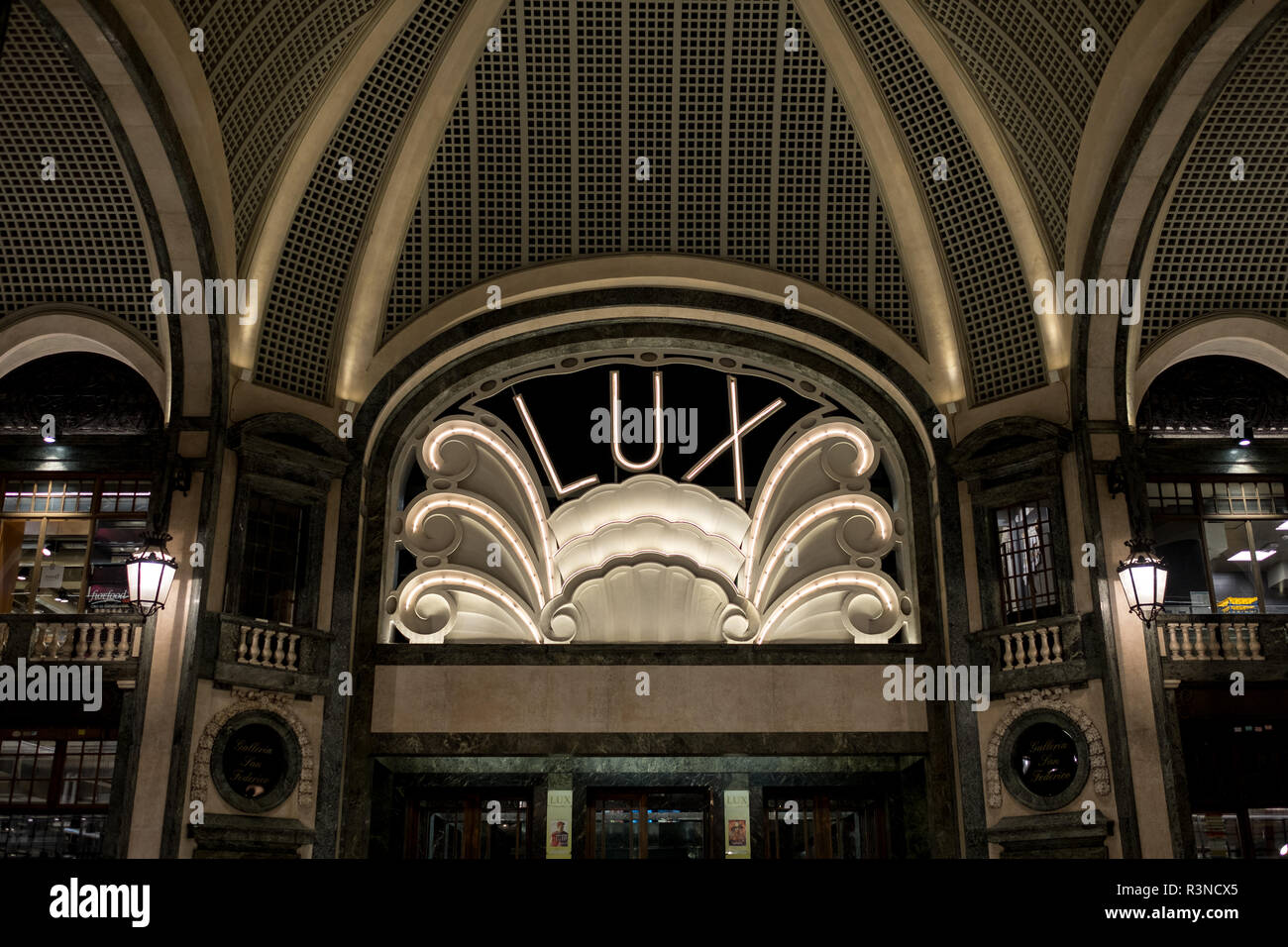 Turin Italy. Lux Cinema in art deco style, high-end shopping mall, Galleria San Federico. Stock Photo