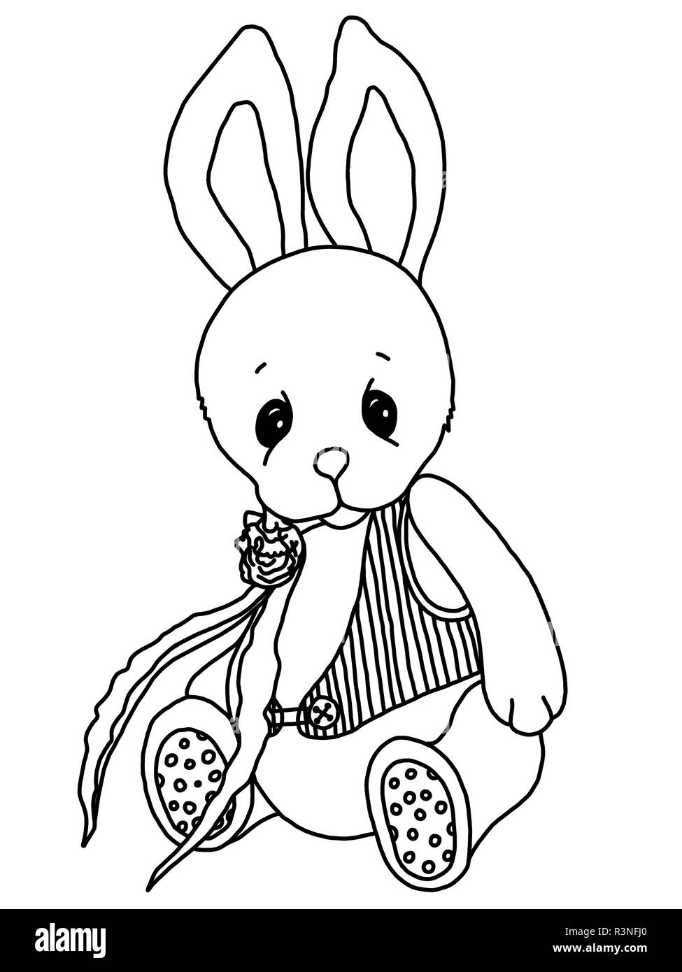 Black and white coloring. Teddy Rabbit. A toy. Drawn by hand. Black ...