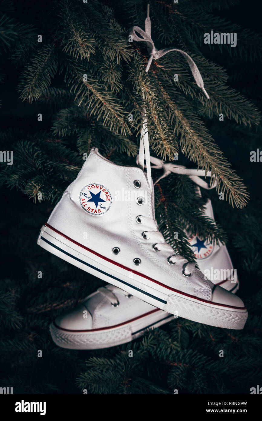 ESKISEHIR, TURKEY - MAY 28, 2010: Converse Sports Shoes hanged on pine  tree, christmas tree concept Stock Photo - Alamy