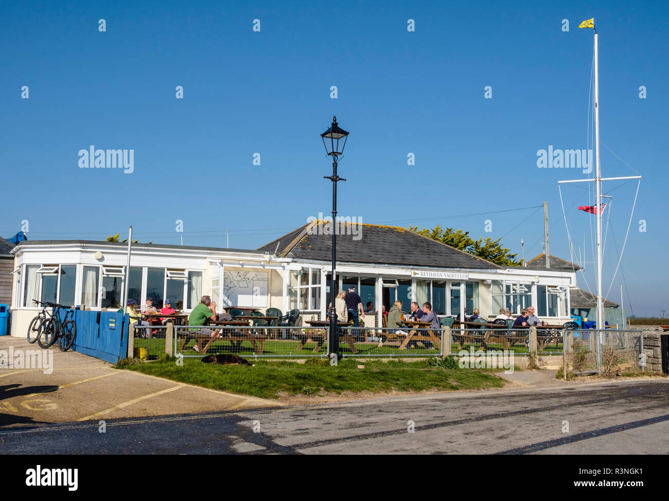 Keyhaven Yacht Club exterior and garden, Hampshire, England, UK Stock Photo