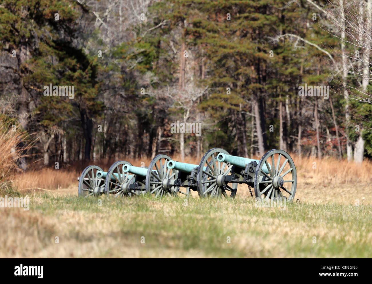 Civil War cannons in alignment on battlefield Stock Photo