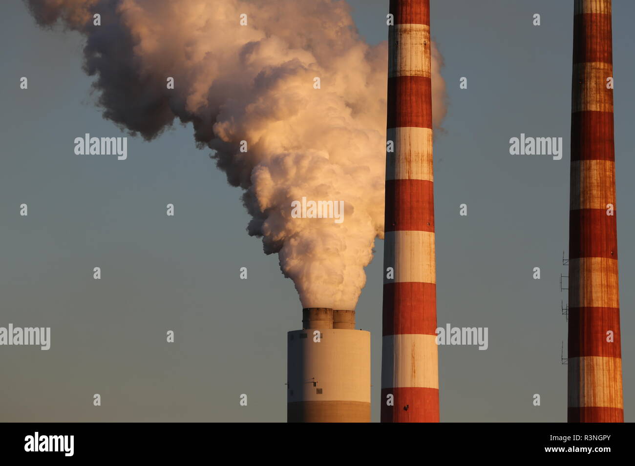 white smoke from scrubber installed chimney at energy generating plant, Stock Photo
