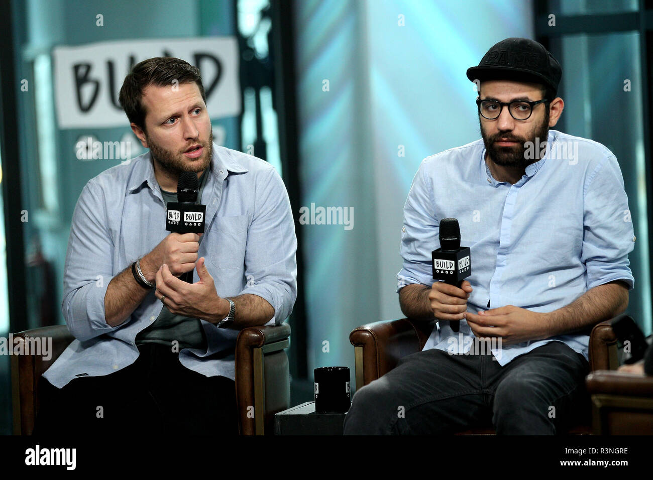 NEW YORK, NY - JULY 07:  Producer/Director Matthew Heineman and journalist Abdalaziz 'Aziz' Alhamza visit Build to discuss the new film 'City Of Ghosts' at Build Studio on July 7, 2017 in New York City.  (Photo by Steve Mack/S.D. Mack Pictures) Stock Photo