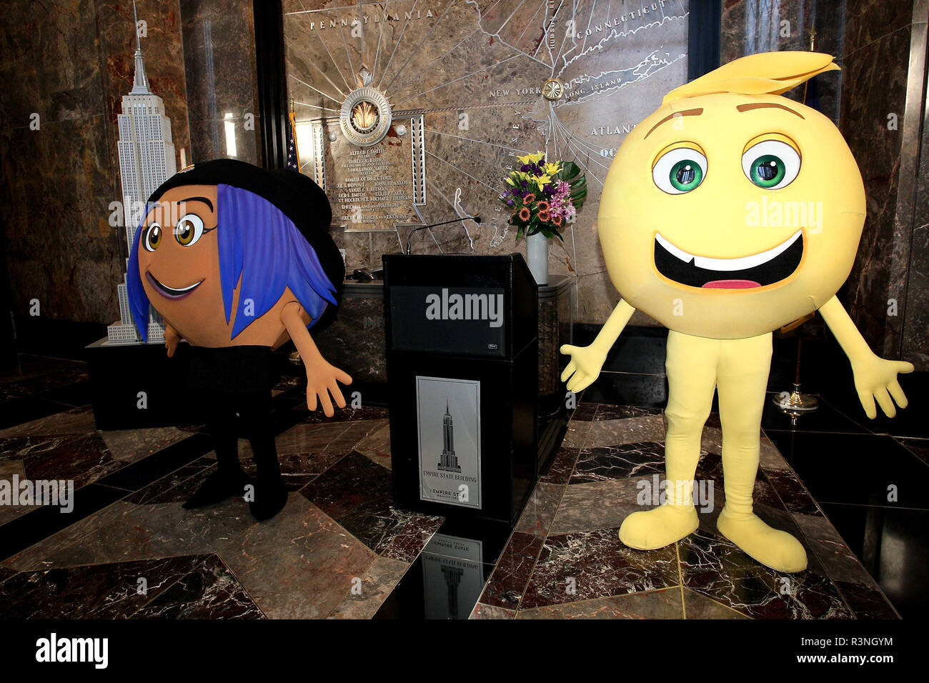 NEW YORK, NY - JULY 17:  Emoji characters pose for a photo to celebrate World Emoji Day at The Empire State Building on July 17, 2017 in New York City.  (Photo by Steve Mack/S.D. Mack Pictures) Stock Photo