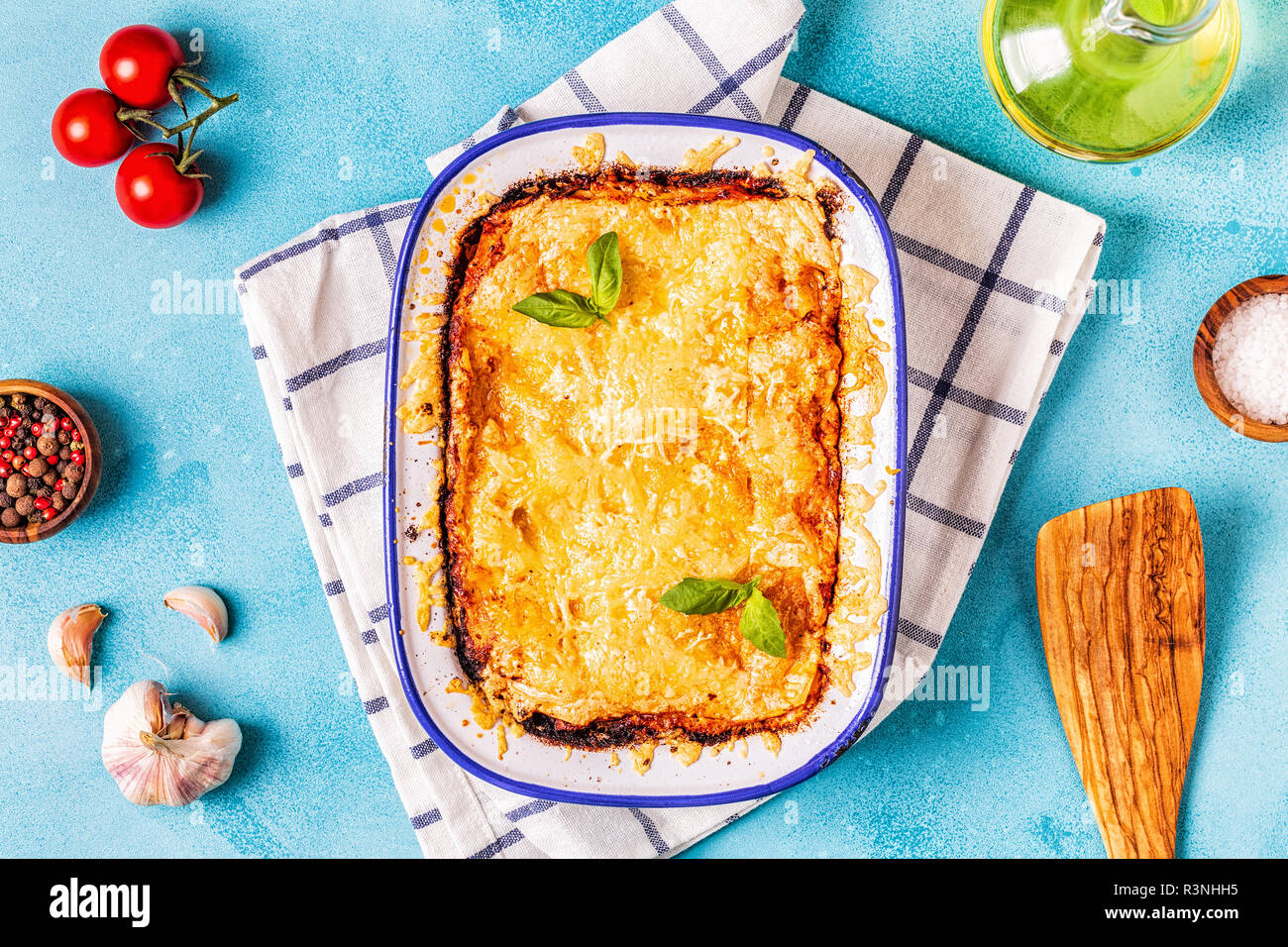 Traditional italian lasagna with vegetables, minced meat and cheese, top view, copy space. Stock Photo