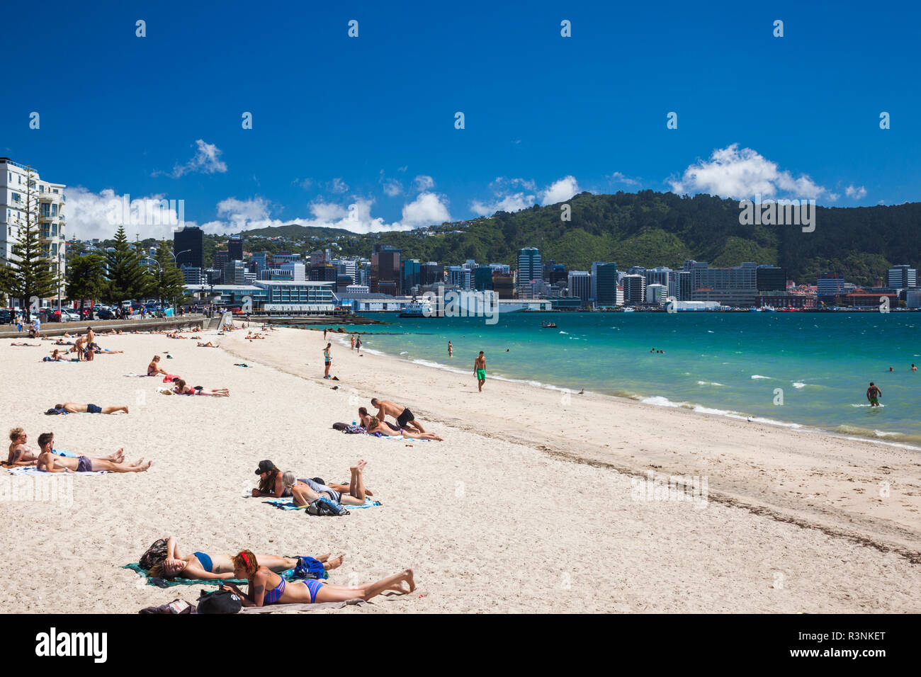 New Zealand, North Island, Wellington. Beach, Oriental Bay Stock Photo