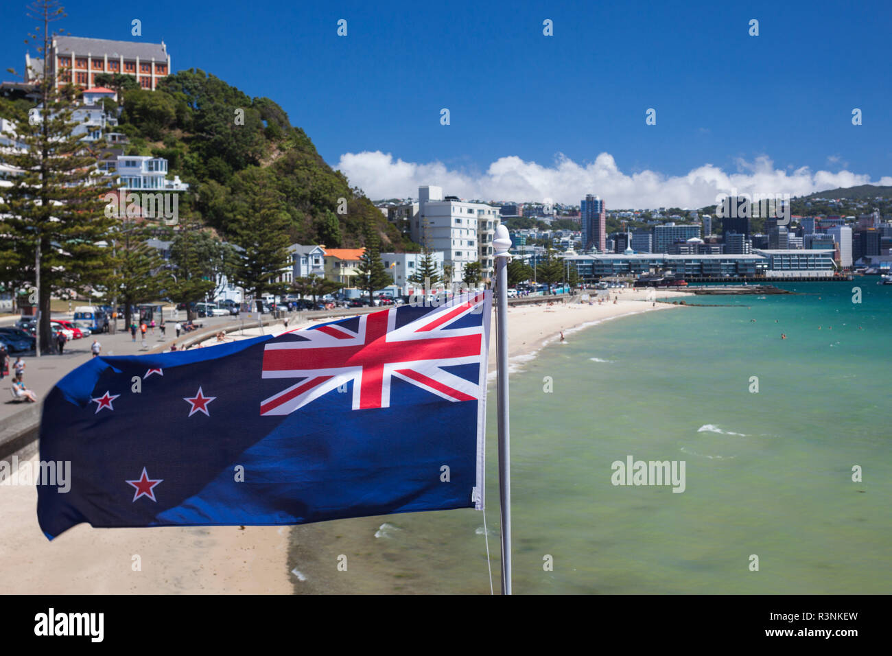 New Zealand, North Island, Wellington. Beach, Oriental Bay, New Zealand flag Stock Photo