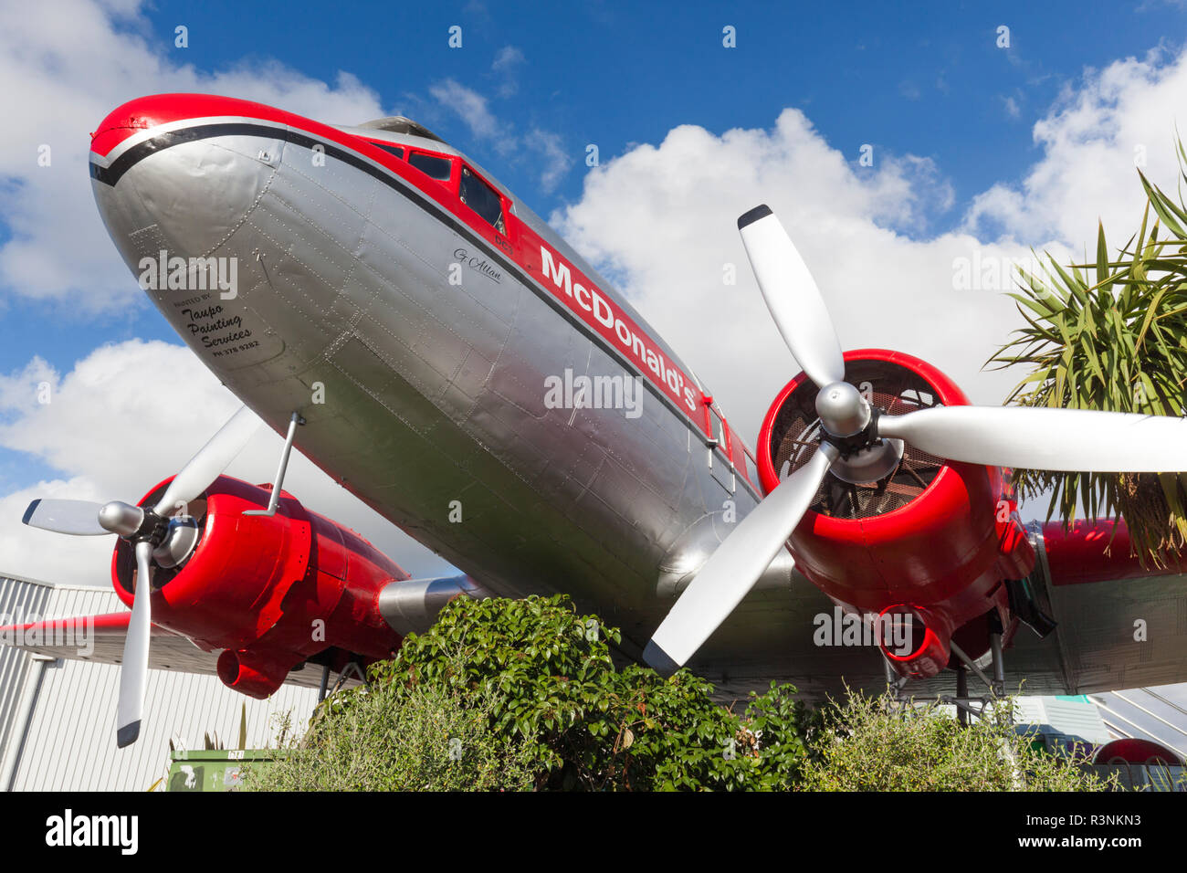 New Zealand, North Island, Taupo. DC-3 airliner, now a McDonalds Restaurant Stock Photo
