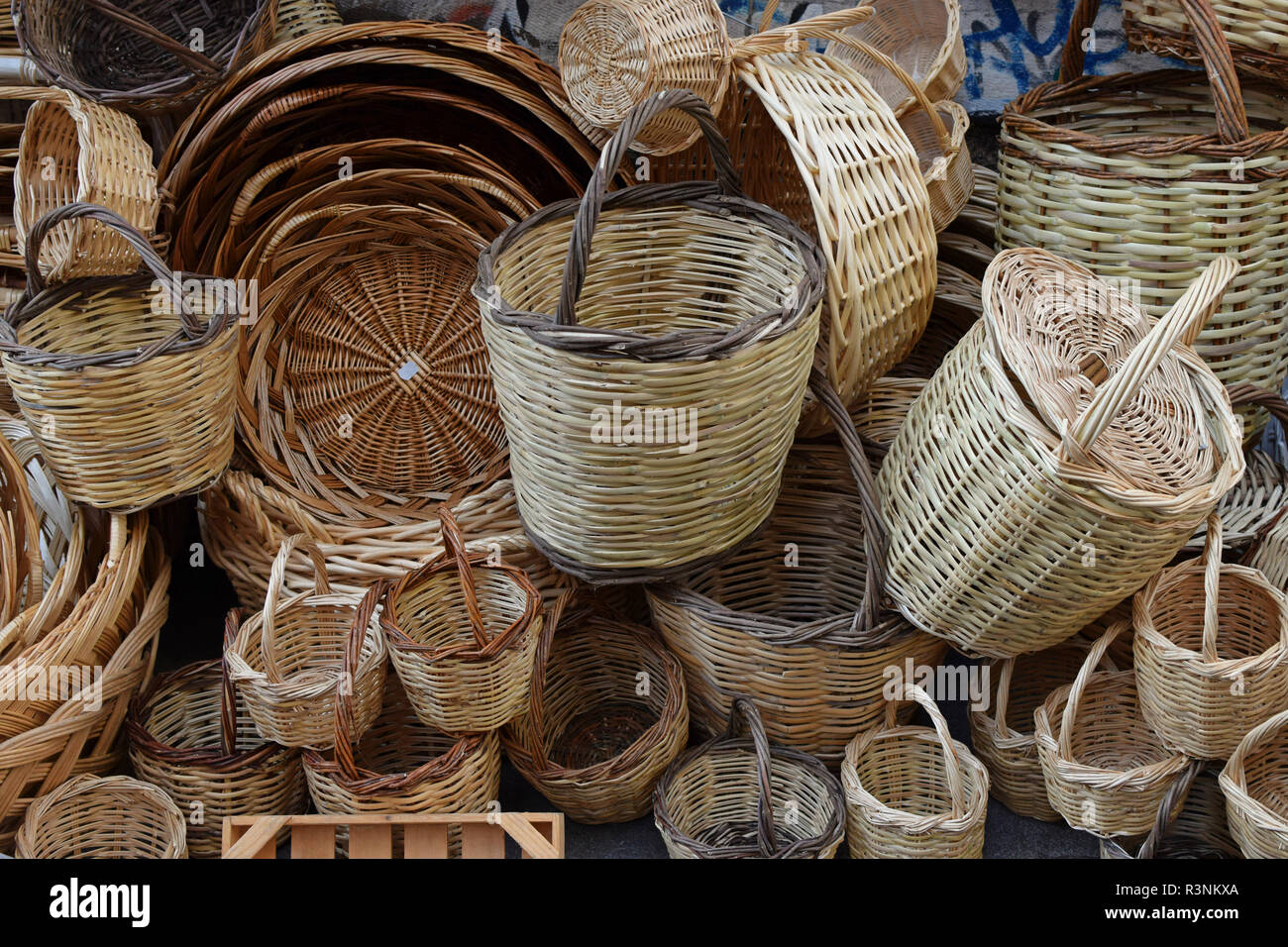 Traditional woven wicker baskets in various sizes. Stock Photo