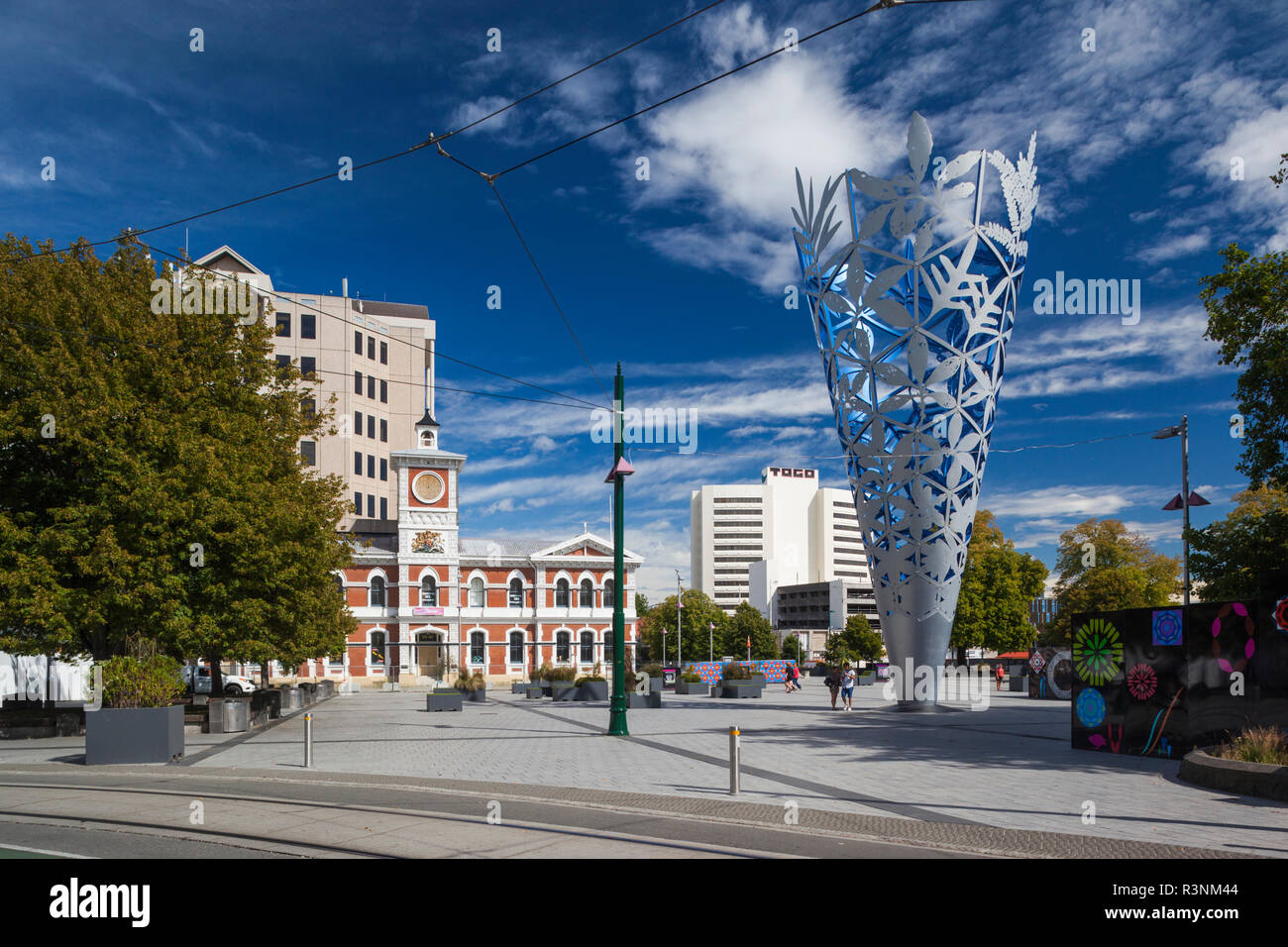 New Zealand, South Island, Christchurch, Cathedral Square, Chalice, sculpture by Neil Dawson. Former government buildings Stock Photo