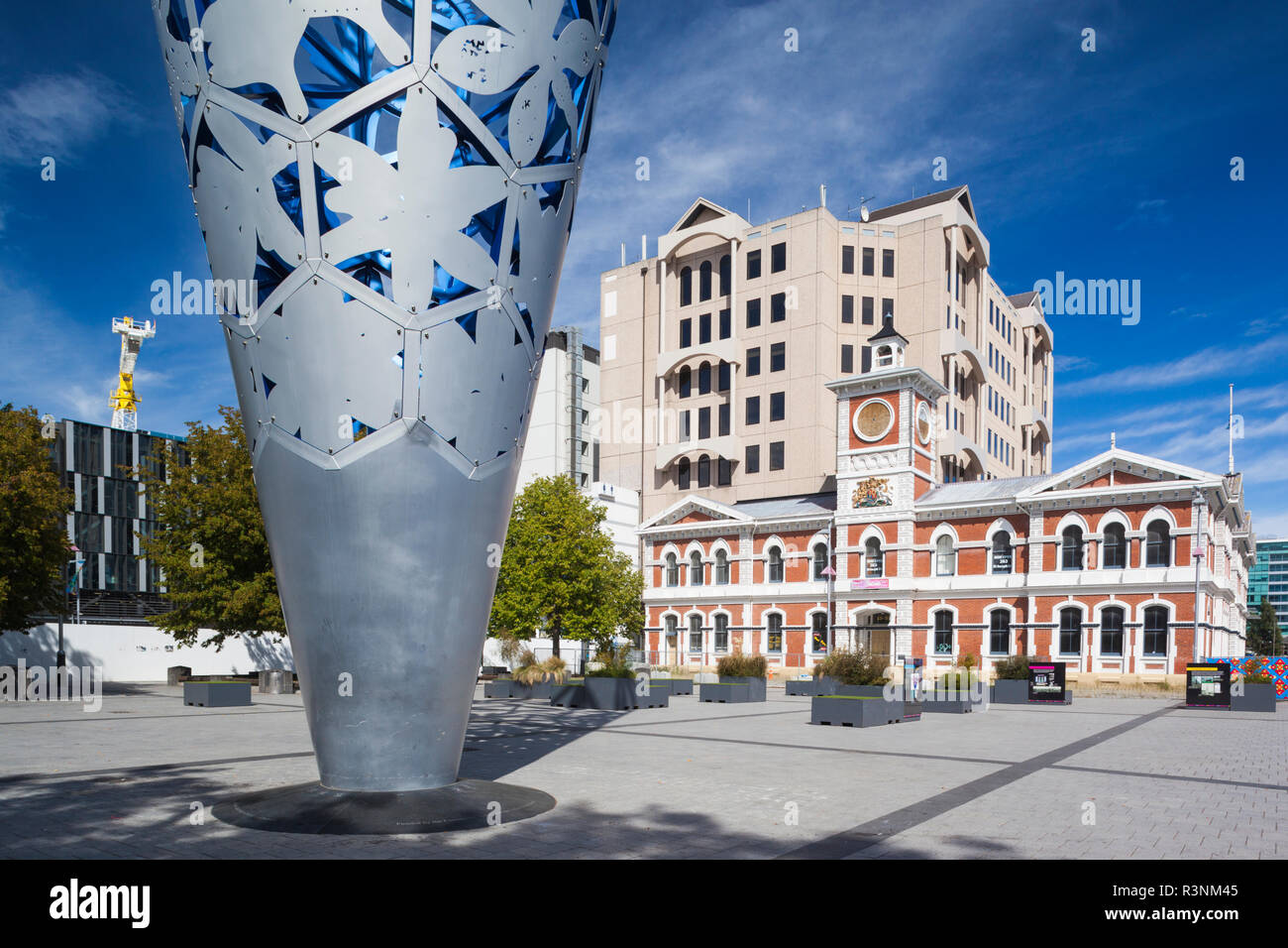 New Zealand, South Island, Christchurch, Cathedral Square, Chalice, sculpture by Neil Dawson. Former government buildings Stock Photo