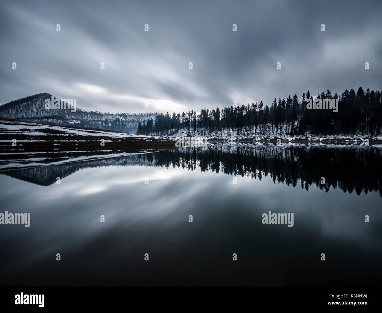 Long exposure early Winter snow in Europe Croatia Lokve lake destination Stock Photo