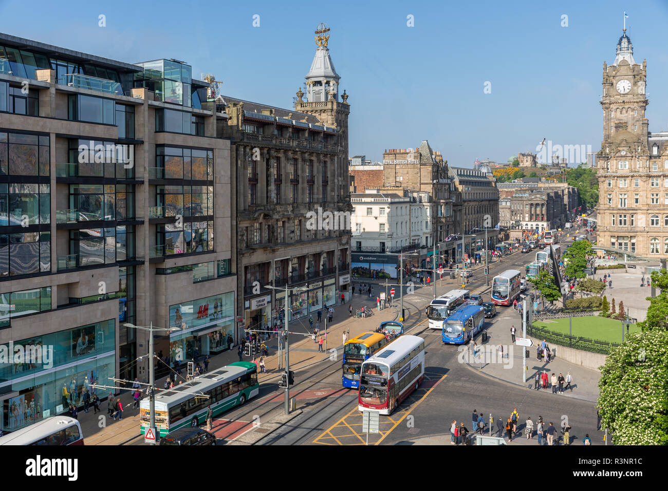Cityscape Edinburgh at shops Princes Street, Aerial view from Scott