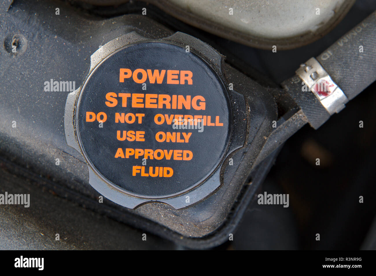 Cap of a power steering oil tank. Do not overfill and use approved