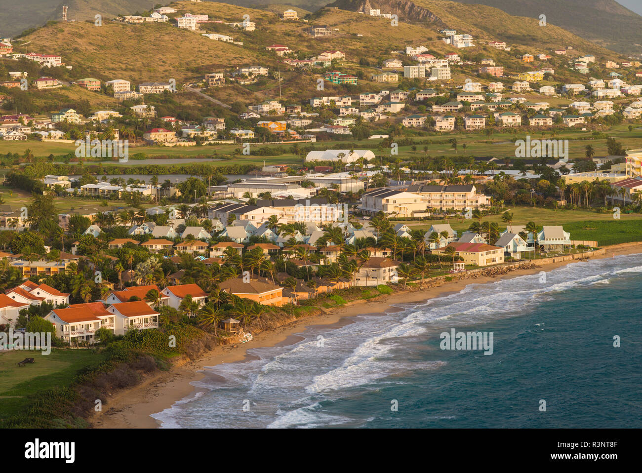 St. Kitts and Nevis, St. Kitts. Frigate Bay of the South Peninsula from Sir Timothy's Hill, dawn Stock Photo