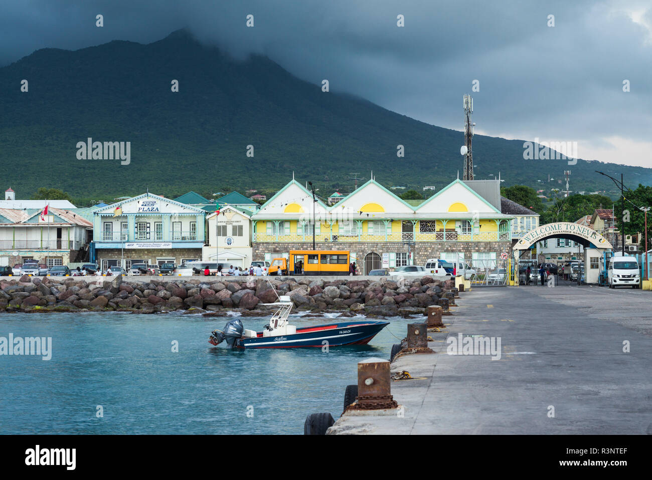 St. Kitts and Nevis, Nevis. Charlestown waterfront buildings Stock