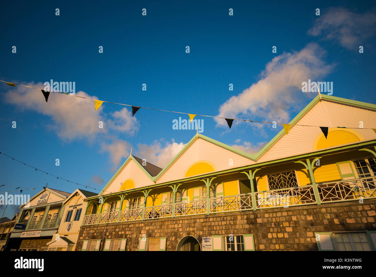 St. Kitts and Nevis, Nevis. Charlestown waterfront buildings Stock Photo