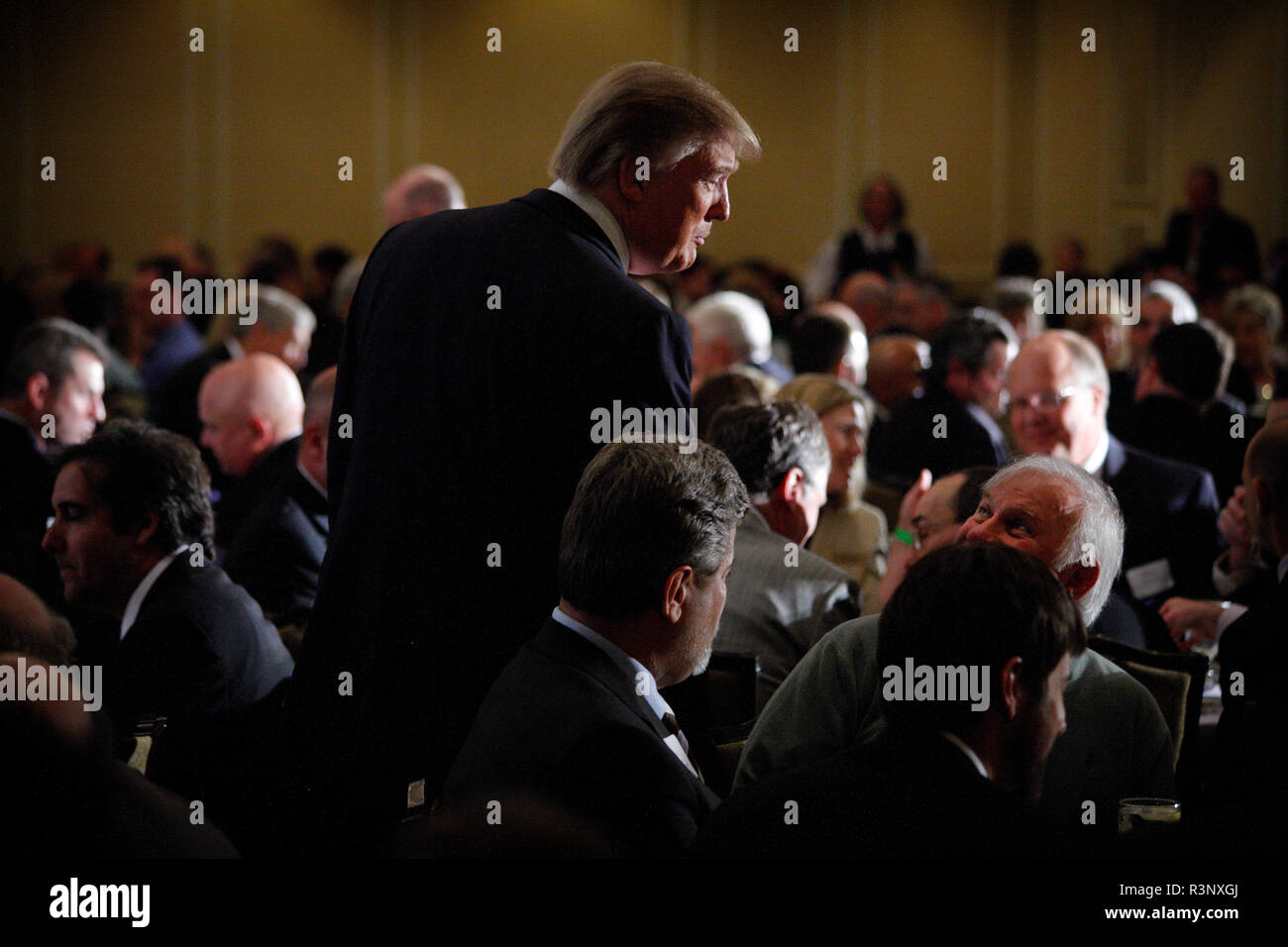 Trump's former lawyer and fixer Michael Cohen together with Donald Trump back when they were buddies. Real Estater and TV Entertainer Donald J. Trump flirting with the idea of running for President in the 2012 Election. One of the many important visits he made was with the Nashua Chamber of Commerce in New Hampshire. Stock Photo