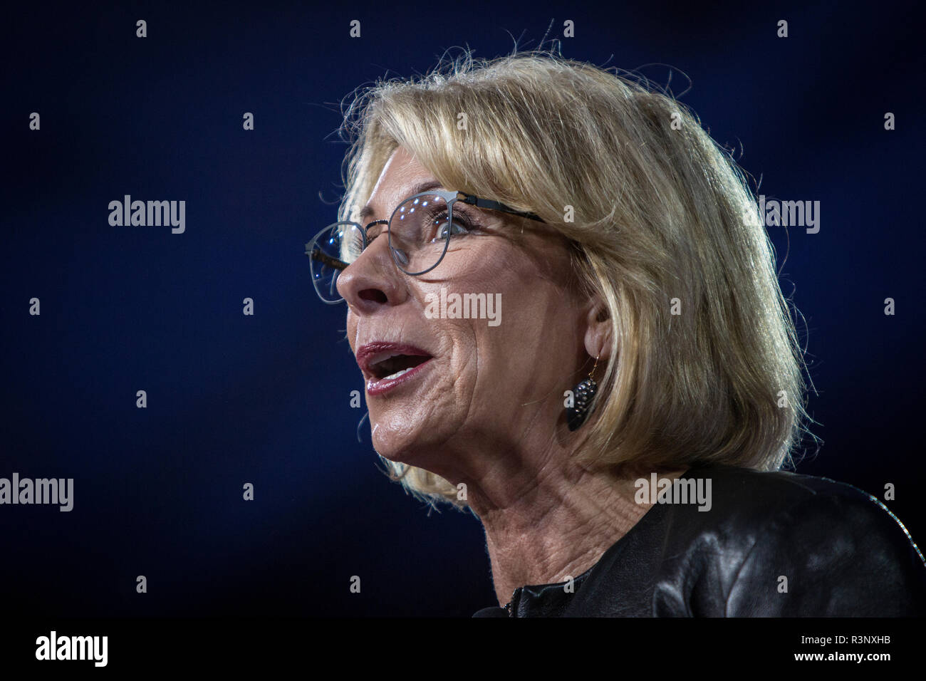 Businesswoman, philantropist and United States Secretary of Education Betsy DeVos talks at the CPAC, Conservative Political Action Conference. Stock Photo