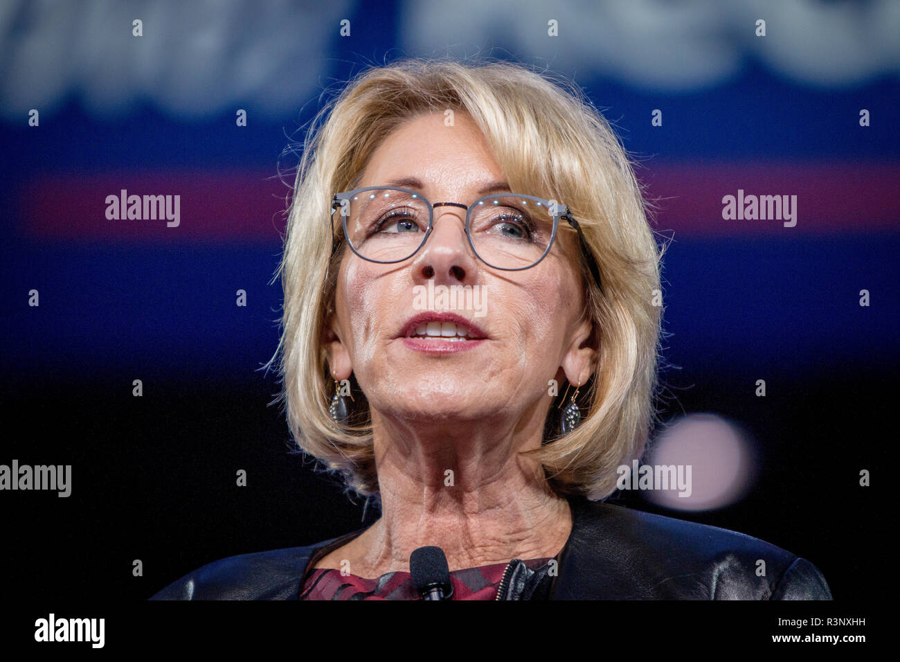 Businesswoman, philantropist and United States Secretary of Education Betsy DeVos talks at the CPAC, Conservative Political Action Conference. Stock Photo
