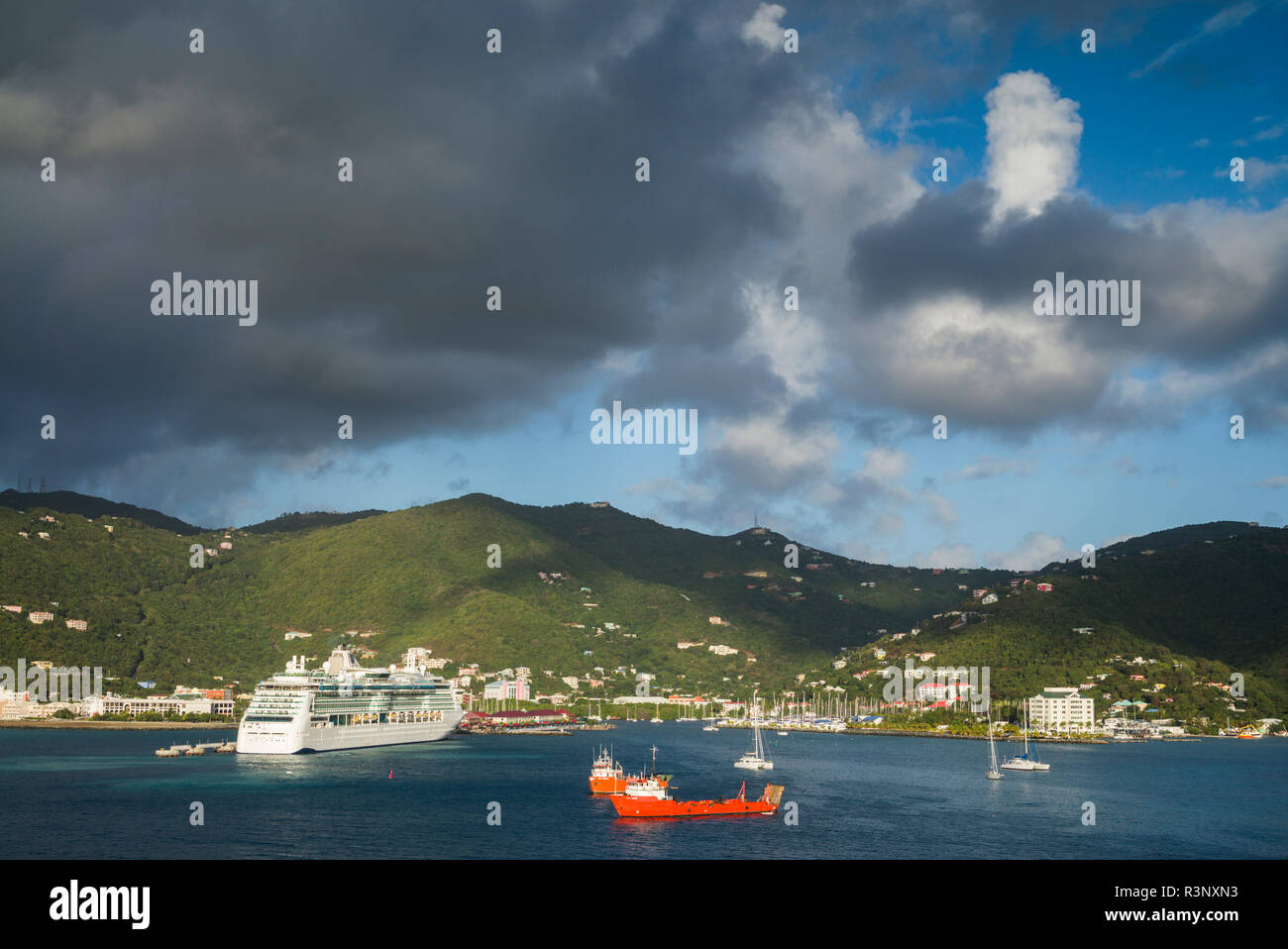 British Virgin Islands, Tortola. Road Town. Elevated town view with ...