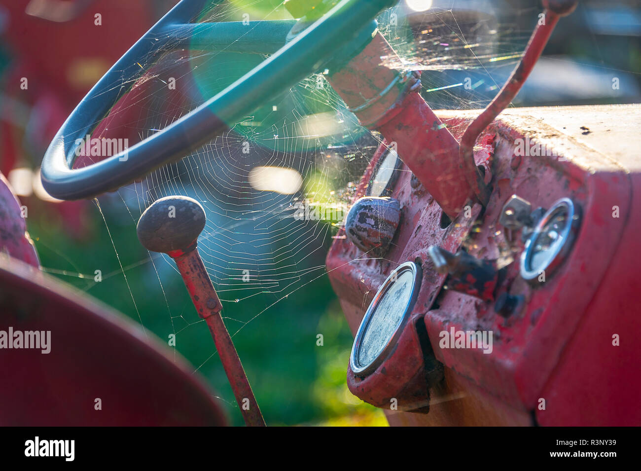 close up of a spiders cobweb on an old red tractor in a farmyard Stock Photo