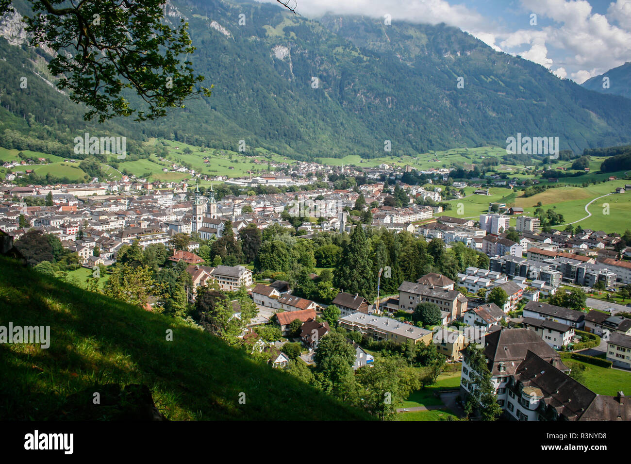 Town of Glarus from above, Switzerland Stock Photo