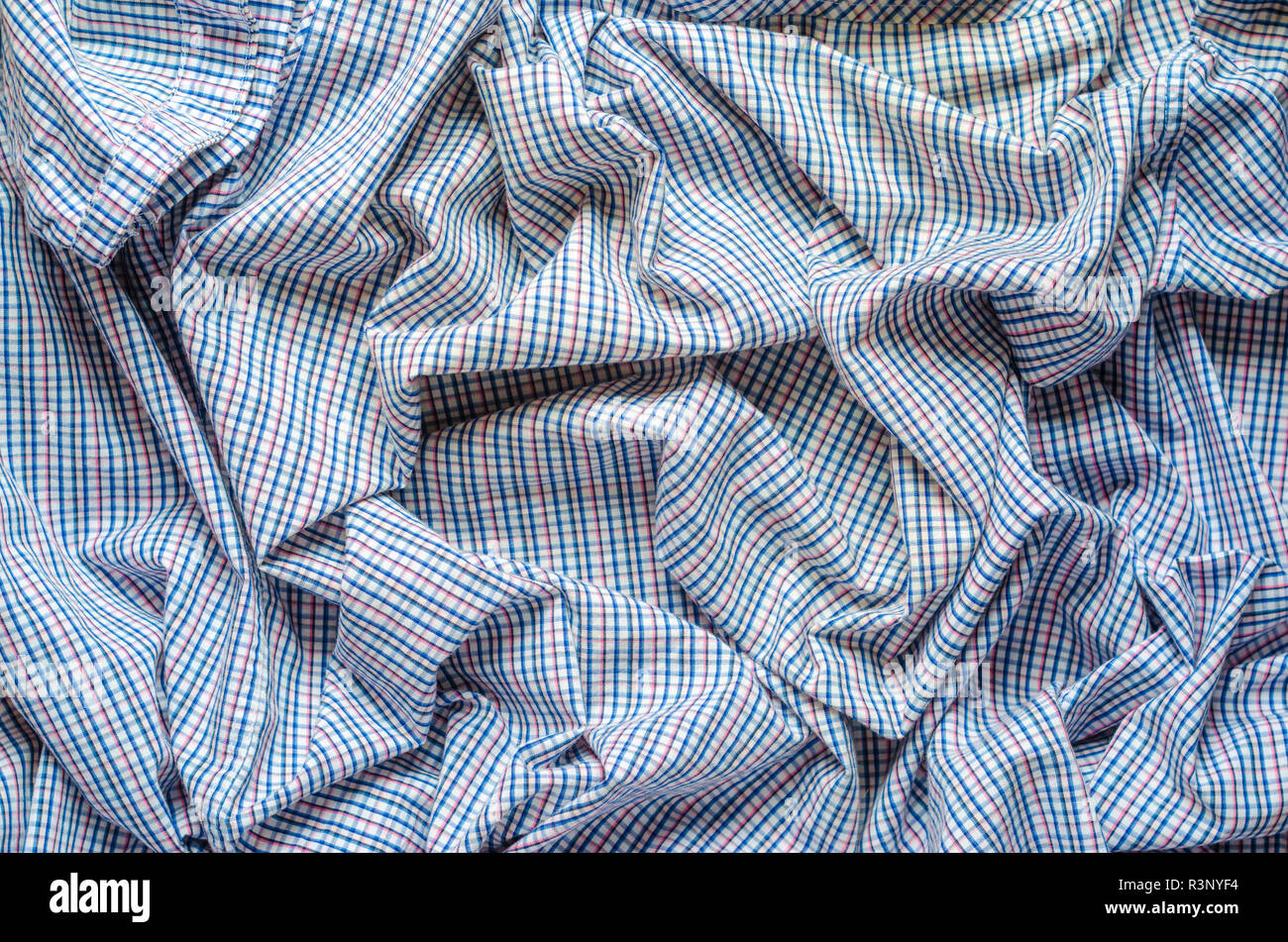 Colorful Tartan Plaid Check Fabric. Small Pattern. Wrinkled Blank Textile Background Stock Photo