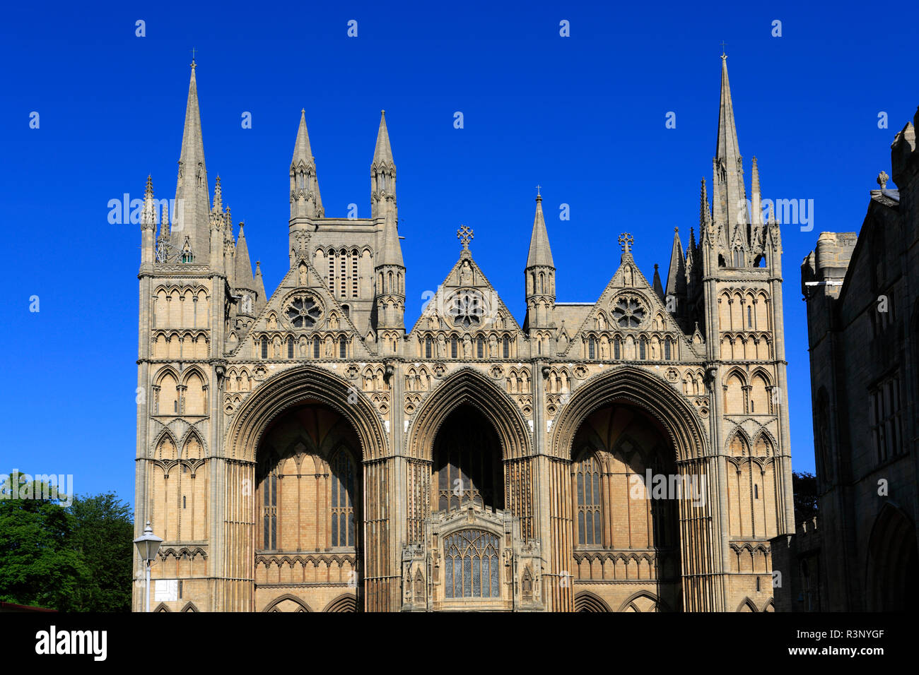 The West front facade of Peterborough City Cathedral, Cambridgeshire ...