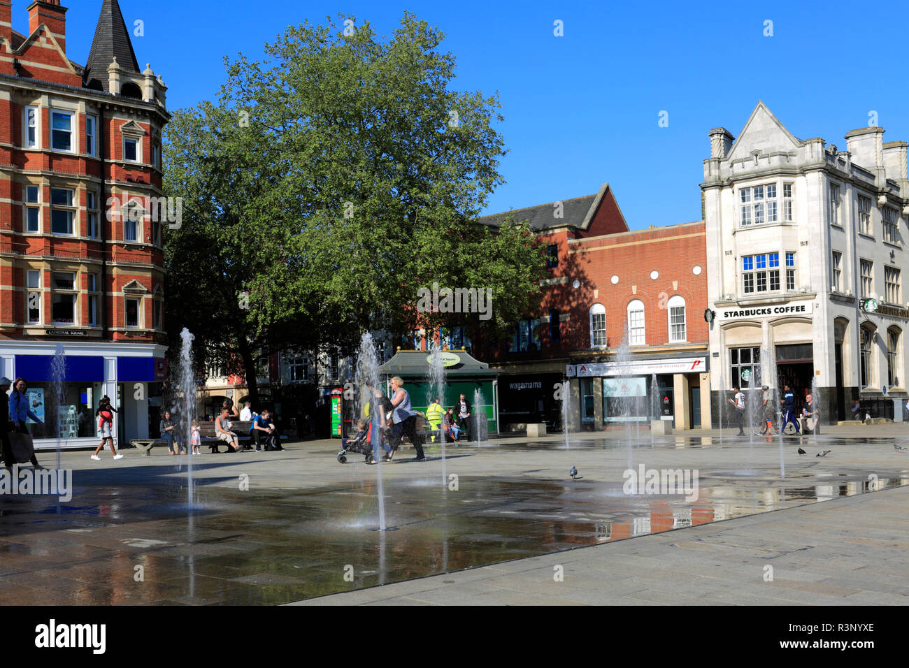 The Water Fountains in Cathedral square, Peterborough City, Cambridgeshire, England, UK Stock