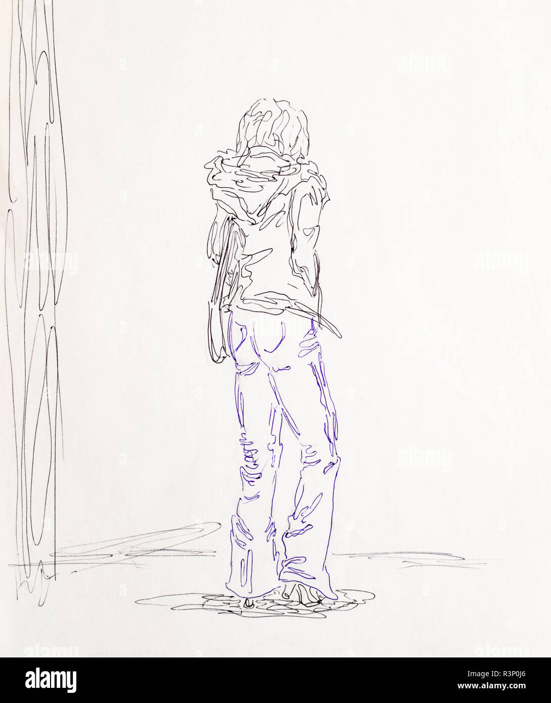 Figure ballpoint pen, a woman in heels in jeans and a jacket stands