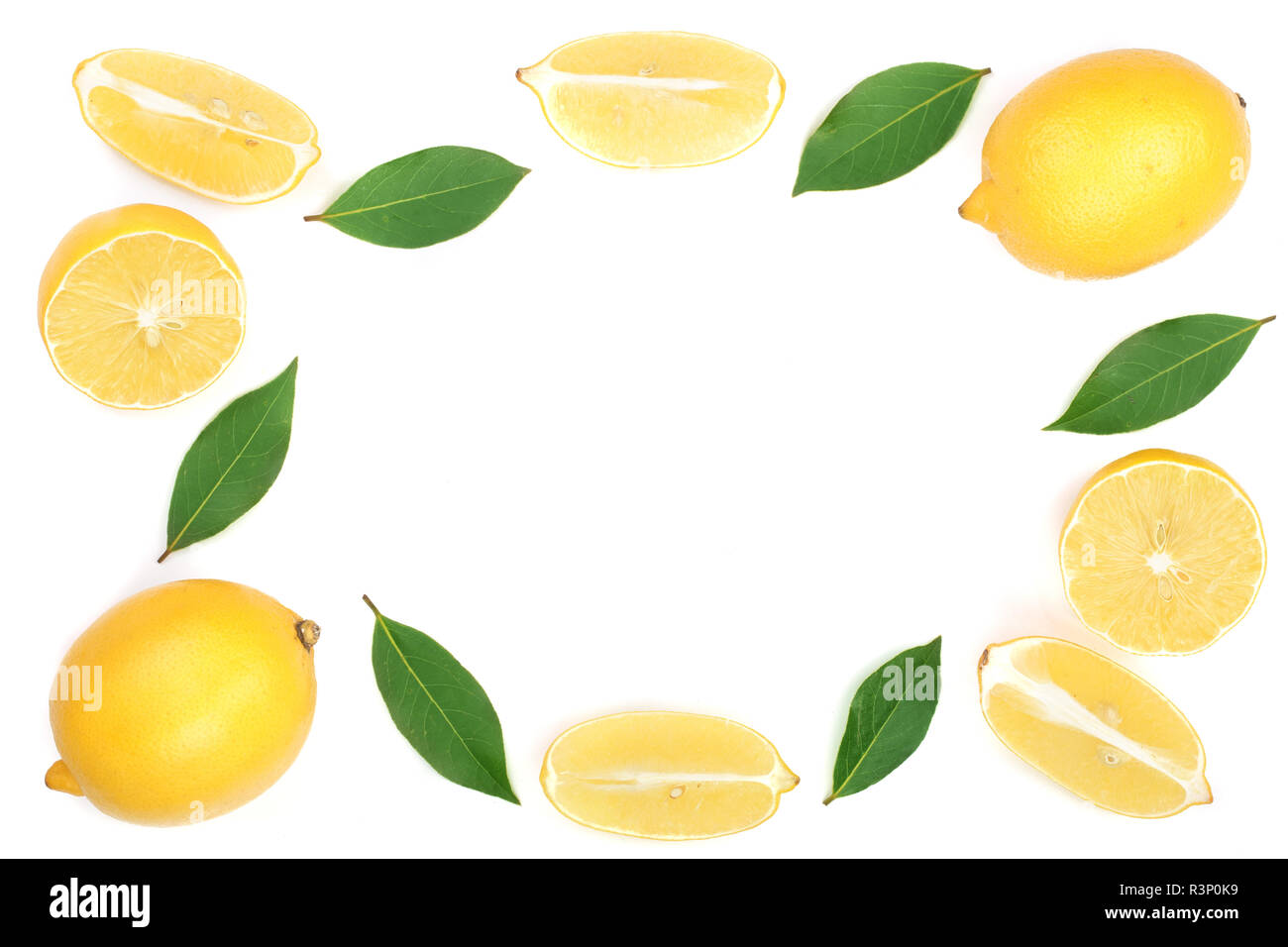 frame of lemon with leaves isolated on white background with copy space ...