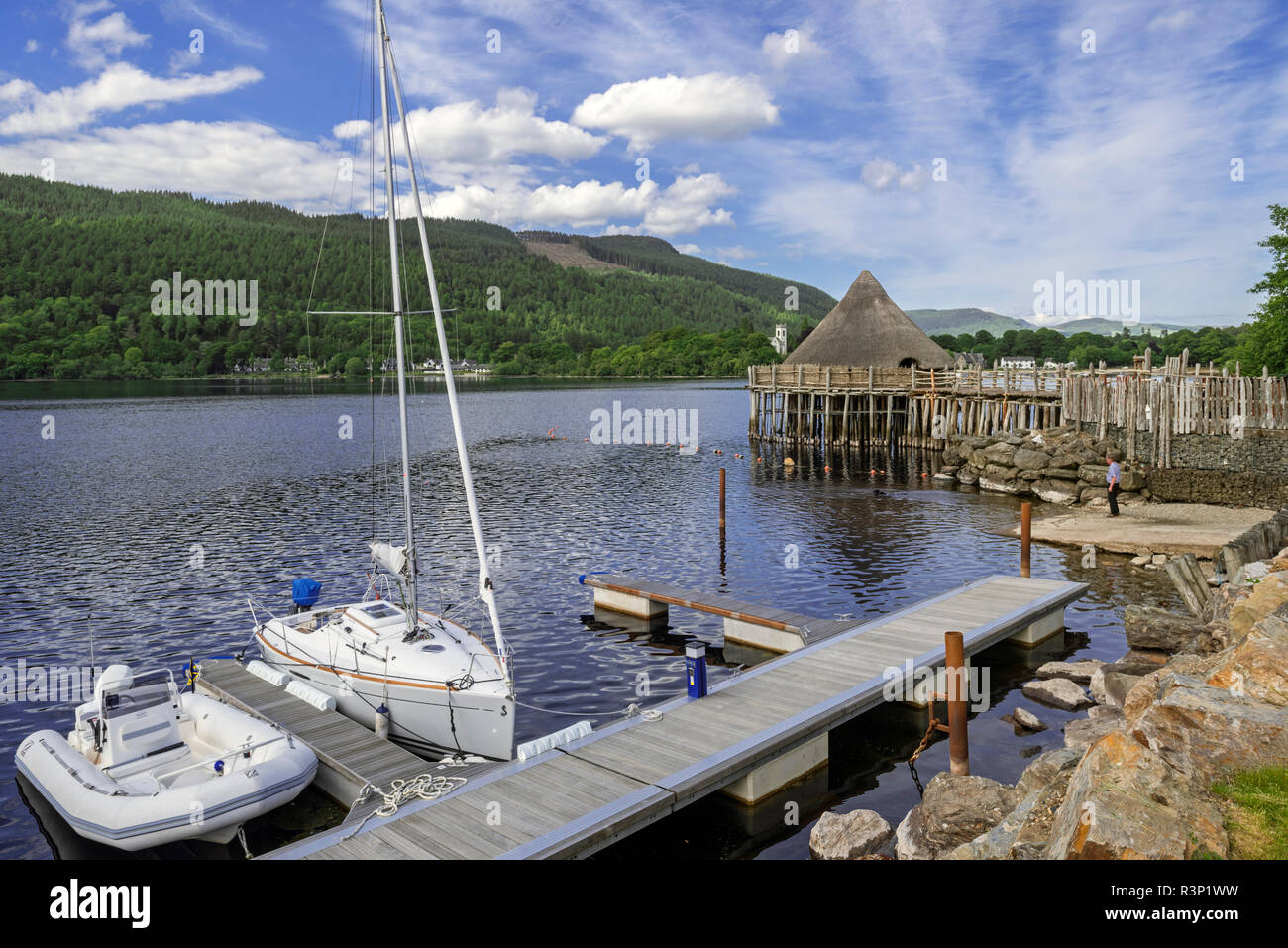 Reconstructed 2500 year old crannog, prehistoric dwelling at the Scottish Crannog Centre on Loch Tay near Kenmore, Perth and Kinross, Scotland, UK Stock Photo