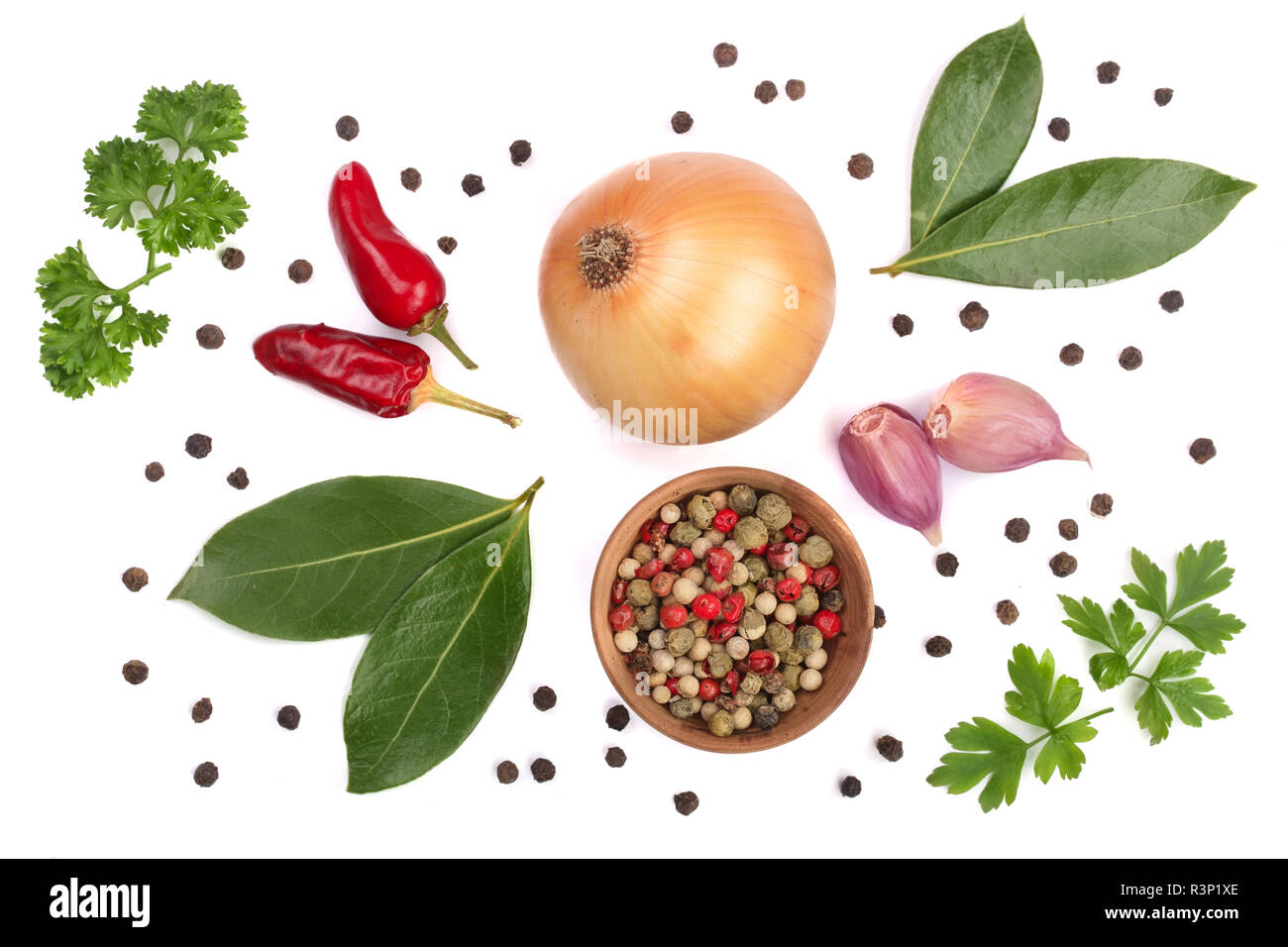 mix of onion, garlic, hot pepper, peppercorn and laurel leaf isolated