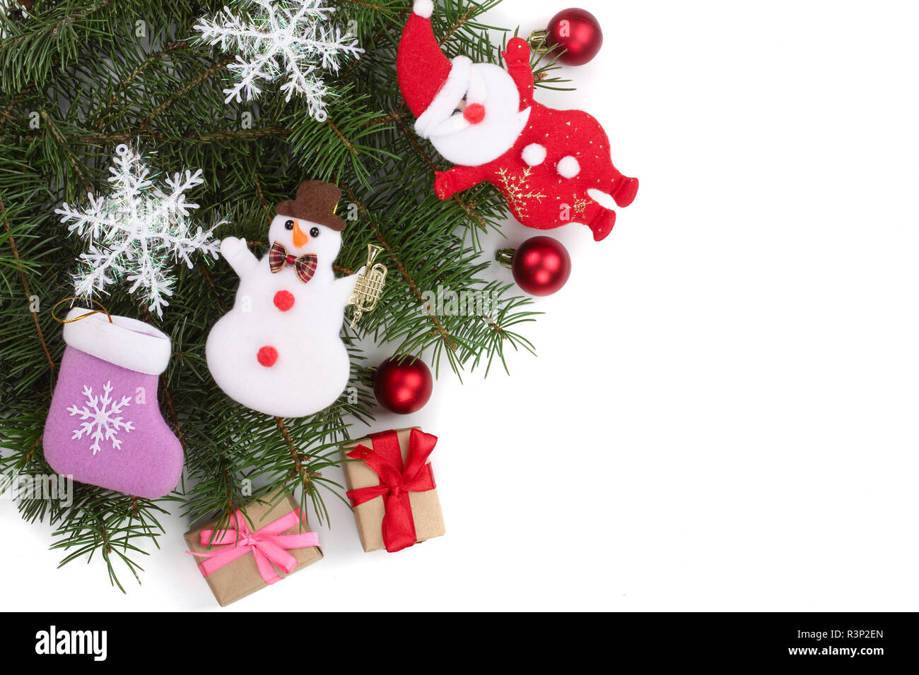 Christmas background with balls and decorations isolated on white with copy space for your text. Top view Stock Photo