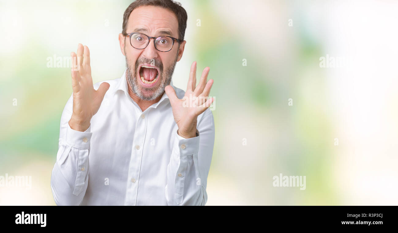 Handsome middle age elegant senior business man wearing glasses over isolated background crazy and mad shouting and yelling with aggressive expression Stock Photo