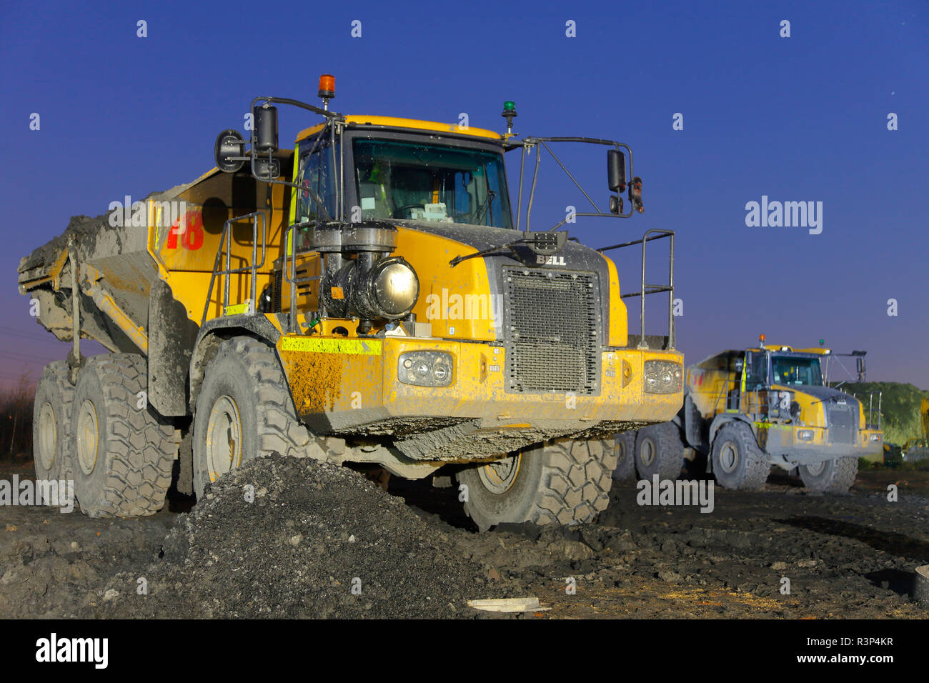 A Bell 40D articulated dump truck at work on Recycoal Coal Recycling Plant in Rossington,Doncaster which has now been demolished to build new houses. Stock Photo