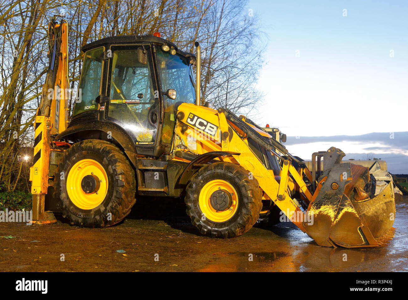 A JCB 3CX parked up on the FARRRS link road construction site compound Stock Photo