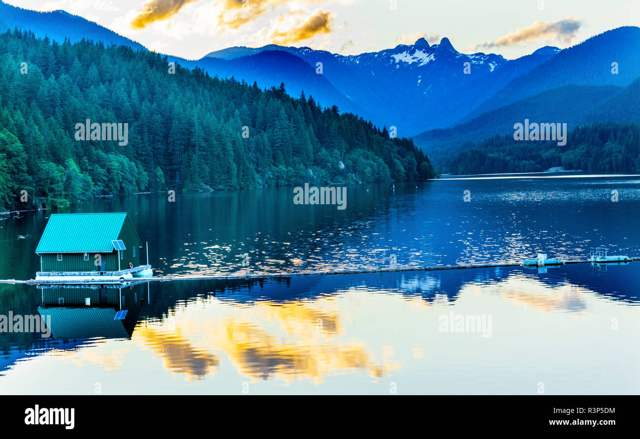 Capilano LakeCapilano Lake, green building with The Lions in the