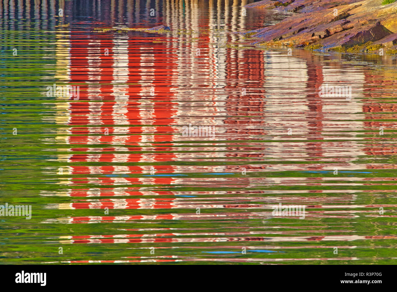 Canada, Newfoundland, Salvage. Reflection of village in Bonavista Bay