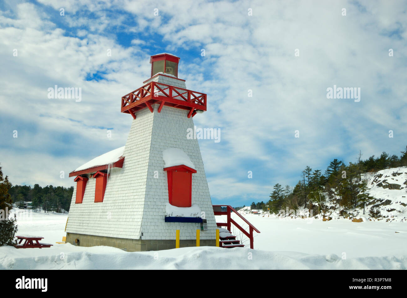 Canada, Ontario, Pointe au Baril. Lighthouse in winter Stock Photo Alamy