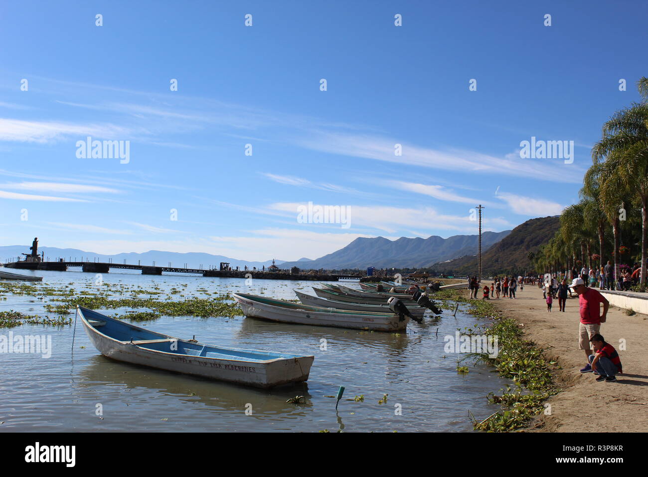 foto tomada a la orilla del lago de Chapala-Jalisco-Mexico en donde se aprecian a un padre y su hijo observando el lago desde la playa Stock Photo