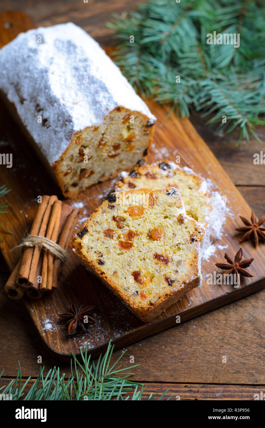 Fruit Loaf Cake Dusted With Icing Sugar Christmas And Winter Holidays Treat Homemade Cake With Raisins On Wooden Background Stock Photo Alamy